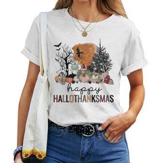 Happy Hallothanksmas Coffee Halloween Thanksgiving Christmas Women T-shirt | Mazezy