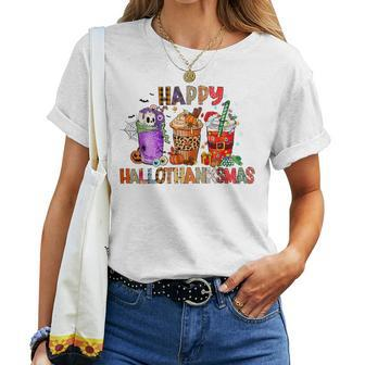 Happy Hallothanksmas Halloween Coffee Latte Thanksgiving Women T-shirt - Seseable