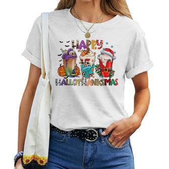 Happy Hallothanksmas Merry Christmas Thanksgiving Halloween Women T-shirt