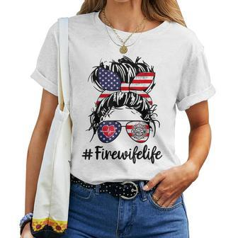 Happy July 4Th Firefighters Wife Life Messy Buns Flag Women Crewneck Short T-shirt
