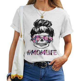 Hashtag Mom Life Skull Messy Bun Hair Women T-shirt | Mazezy