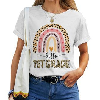 Hello 1St Grade Teacher Leopard Rainbow Girls Back To School Women T-shirt | Mazezy