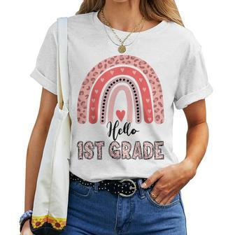 Hello 1St Grade Teacher Leopard Rainbow Girls Back To School Women T-shirt - Seseable