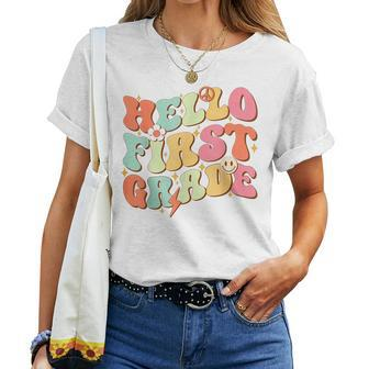 Hello First Grade Retro Groovy Team 1St Grade Back To School Women T-shirt - Seseable