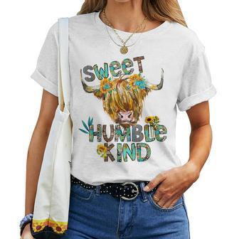 Highland Cow Sunflower Sweet Humble Kind Western Country Women T-shirt - Monsterry