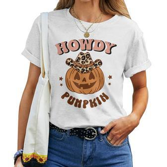 Howdy Pumpkin Leopard Rodeo Western Fall Southern Halloween Halloween Women T-shirt | Mazezy