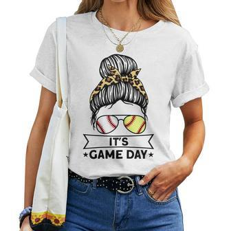 Its Game Day Messy Bun Baseball Softball Women T-shirt | Mazezy UK
