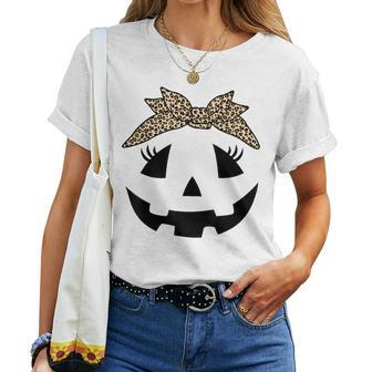 Jack O Lantern Pumpkin Leopard Face For Girls Halloween Women T-shirt | Mazezy