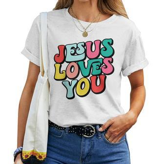Jesus Loves You Retro Vintage Style Graphic Womens Women T-shirt | Mazezy