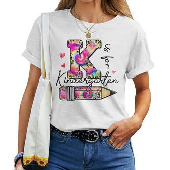 K Is For Kindergarten Teacher Tie Dye Leopard Back To School Women T-shirt - Seseable