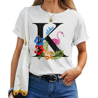K Letter Hawaii Party Aloha Flamingo Hibiscus Flower Women T-shirt | Mazezy