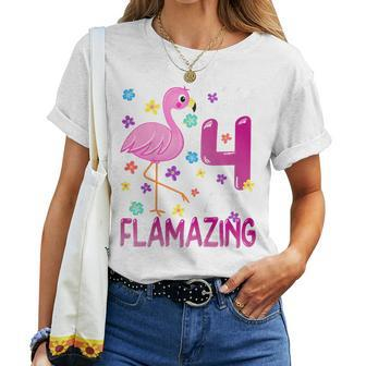 Kids I Am 4 And Flamazing Amazing 4Th Birthday Flamingo Lover Women T-shirt | Mazezy