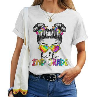 Kids Hello 2Nd Second Grade Messy Bun Back To School Tie Dye Girl Women T-shirt | Mazezy