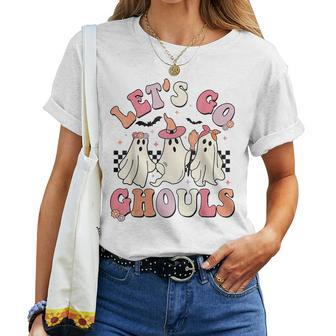 Let's Go Ghouls Halloween Ghost Outfit Costume Retro Groovy Women T-shirt - Seseable