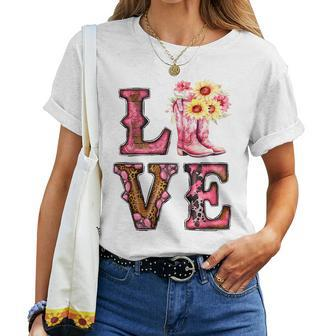 Love Cowboy Boots Sunflowers Western Country Rodeo Cowgirl Rodeo Women T-shirt | Mazezy