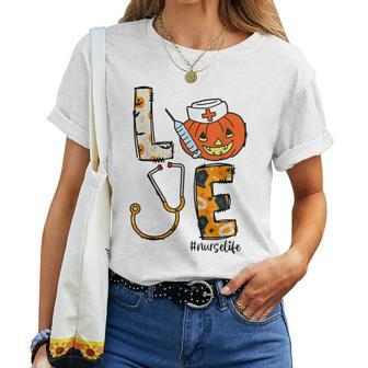 Love Nurse Pumpkin Leopard Fall Halloween Thanksgiving Women Halloween Women T-shirt | Mazezy