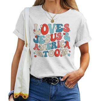 Loves Jesus And America Too Groovy 4Th Of July God Christian Women T-shirt Crewneck Short Sleeve Graphic - Thegiftio