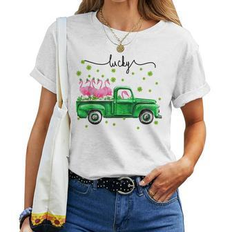 Lucky Flamingos Driving Truck Lucky St Patricks Day Women T-shirt | Mazezy