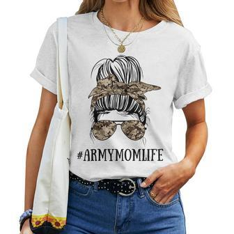 Messy Bun Life Of A Proud Army Mom Military Women T-shirt | Mazezy