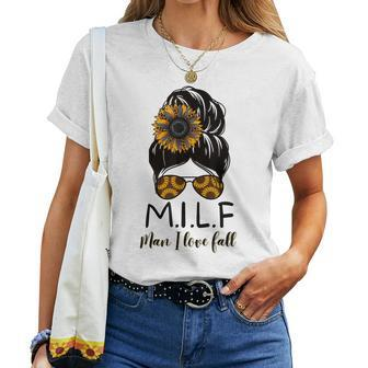 Milf Man I Love Fall Messy Bun Leopard Sunflower Sunglasses Women T-shirt | Mazezy