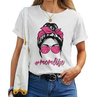 Mom Life Messy Hair Bun Pink Leopard Print Women Women T-shirt | Mazezy