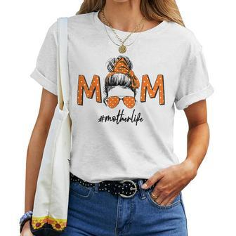 Mom Messy Bun Aviator Glasses Polka Dots Bandana Mother Life Women T-shirt | Mazezy