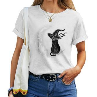Moon Halloween Scary Black Cat Costume Witch Hat Women T-shirt - Monsterry AU