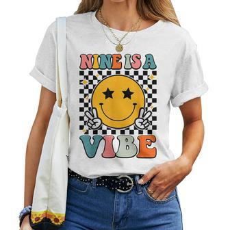 Nine Is A Vibe 9Th Birthday Groovy Boys Girls 9 Years Old Women T-shirt - Seseable