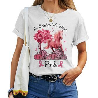 In October We Wear Pink Horse Pumpkin Breast Cancer Women T-shirt - Seseable