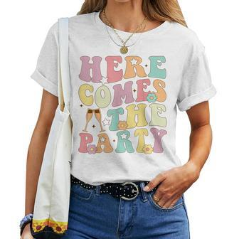 Here Come The Party Bride Retro Groovy Bachelorette Matching Women T-shirt | Mazezy