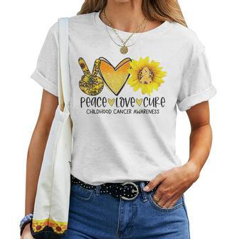 Peace Love Cure Childhood Cancer Awareness Yellow Sunflower Women T-shirt | Mazezy