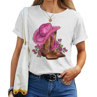 Pink Cowgirl Hat Cowgirl Boots Western Cowhide Rose Flowers Women T-shirt | Mazezy