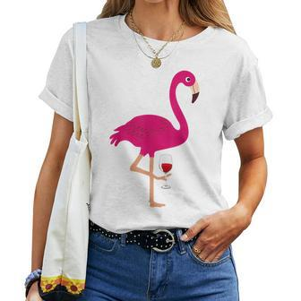 Pink- Flamingo Drinking Wine Short Sleeve Women T-shirt | Mazezy