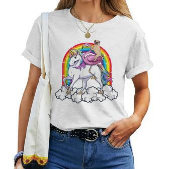 Pug Dog Pink Flamingo Riding A Unicorn Rainbow Women T-shirt Crewneck | Mazezy