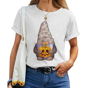 Pumpkin Jack O' Lantern Gnome Fall Hat Halloween Gnome Halloween Women T-shirt | Mazezy