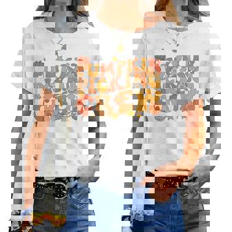 Pumpkin Picking Crew Squad Groovy Fall Autumn And Halloween Halloween Women T-shirt | Mazezy