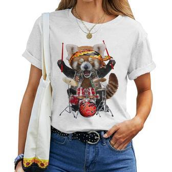 Punk Red Panda Play Drum In Heavy Metal Band Women T-shirt | Mazezy