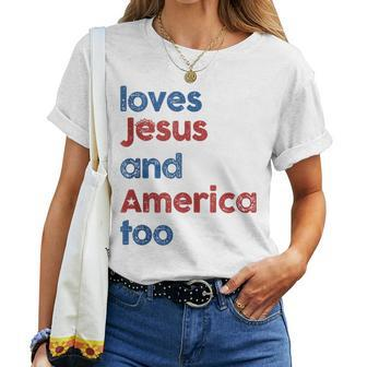 Retro Loves Jesus And America Too 4Th Of July Women T-shirt | Mazezy