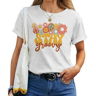Retro Sunflower Hippie Stay Groovy Positive Mind Happy Life Women T-shirt | Mazezy