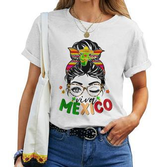 Retro Viva Mexico Messy Bun Mexican Flag Pride Girls Women T-shirt - Seseable