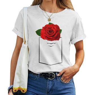 Rose In The Pocket Beautiful Floral Red Rose Flower Women T-shirt | Mazezy