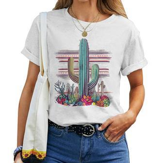 Serape Cactus Print Turquoise Western Saguaro Cactus Women T-shirt Crewneck Short Sleeve Graphic - Thegiftio UK