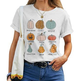 Speech Therapy Pumpkin Slp Speech Therapist Fall Halloween Therapist Women T-shirt | Mazezy