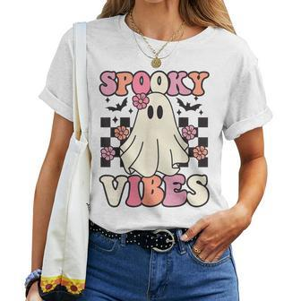 Spooky Vibes Halloween Ghost Costume Retro Groovy Women T-shirt - Seseable