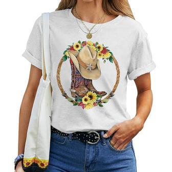 Sunflower Cowgirl Boot Hat Outfit For Cowgirl Country Girl Women T-shirt | Mazezy