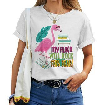 Teacher Flamingo My Flock Will Rock First Day School Women T-shirt - Thegiftio UK
