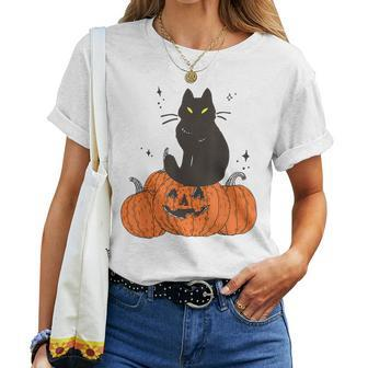 Thanksgiving Halloween Fall Spooky Cat With Pumpkin Halloween Women T-shirt | Mazezy