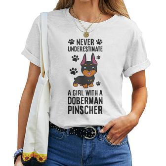 Never Underestimate A Girl With A Doberman Pinscher Women T-shirt | Mazezy UK