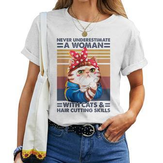 Never Underestimate A Woman With Cats And Hair Cutting Women T-shirt - Monsterry DE