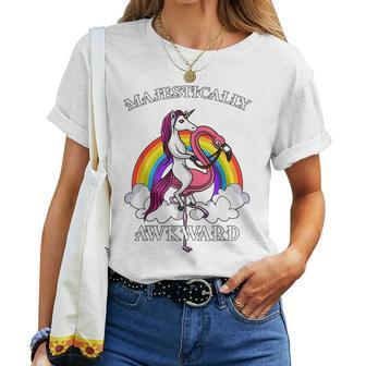 Unicorn Riding Flamingo Bird Magical Rainbow Kids Girls Women T-shirt | Mazezy